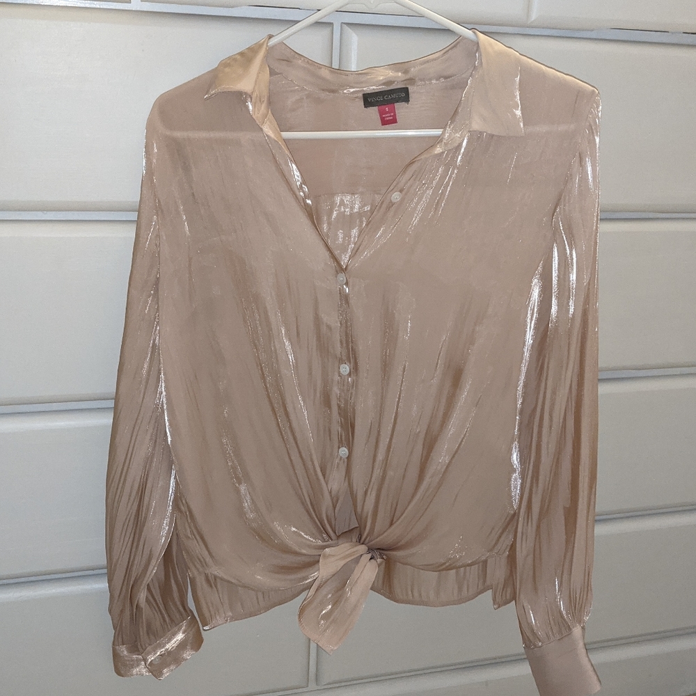 Vince Camuto Tie-Front Blush Collared Blouse Shimmer Pink Button Down Small - Picture 6 of 6